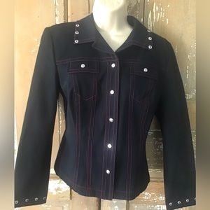 st john sport by marie gray Denim Style Jacket Size P Black W Pink Stitching